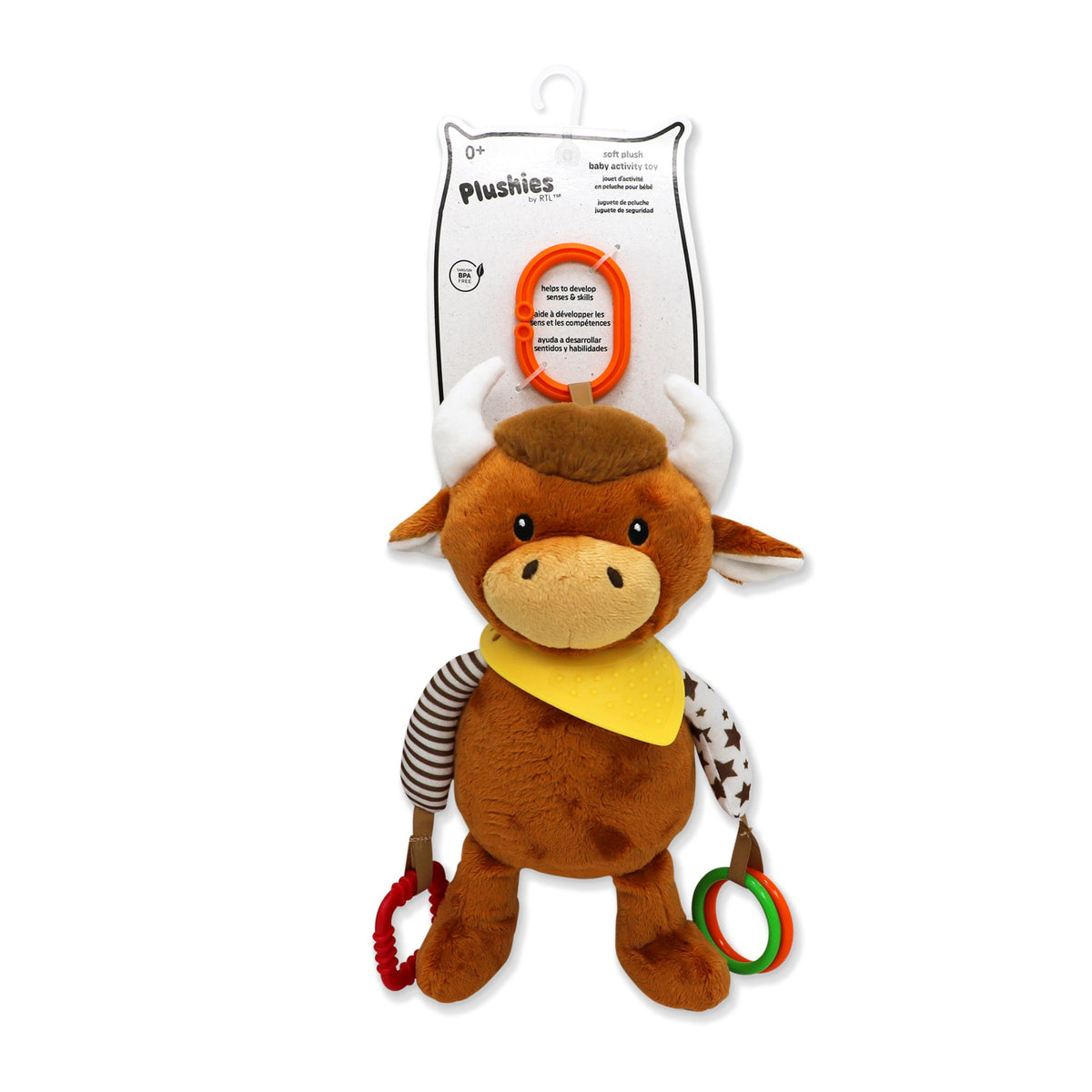 Brown Highland Cow Plush Activity Toy – 100% Polyester Baby Toy with Teether & Rings (0+)