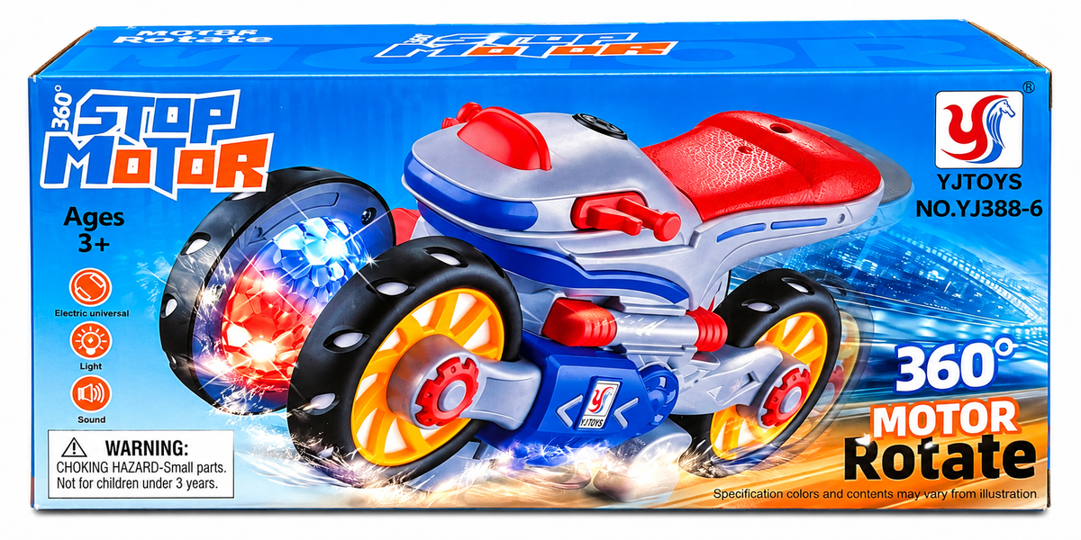 360° Rotating Stunt Motorcycle Toy – Electric Motor with LED Lights & Sound (3+ Years)