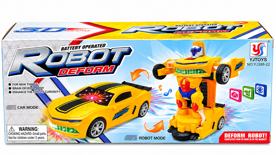 Transforming Robot Sports Car Toy – 2-in-1 Yellow Robot Car with Lights & Sound (3+ Years)