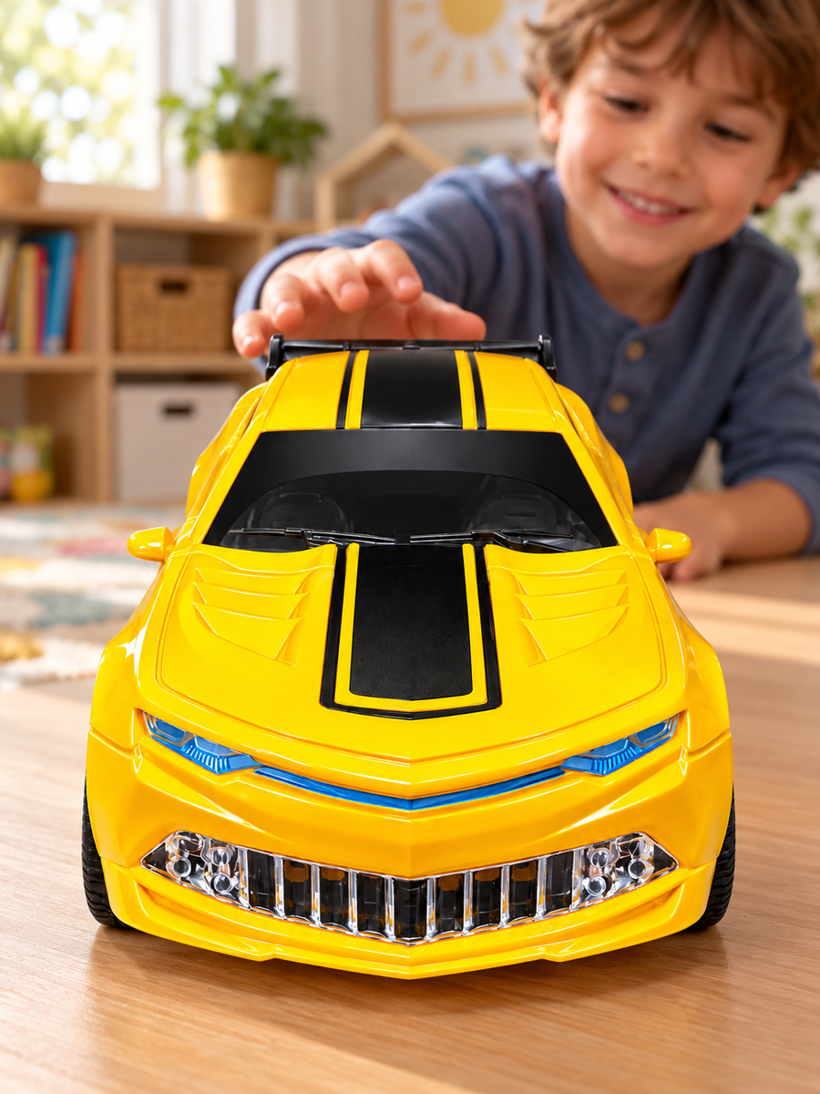 Transforming Robot Sports Car Toy – 2-in-1 Yellow Robot Car with Lights & Sound (3+ Years)