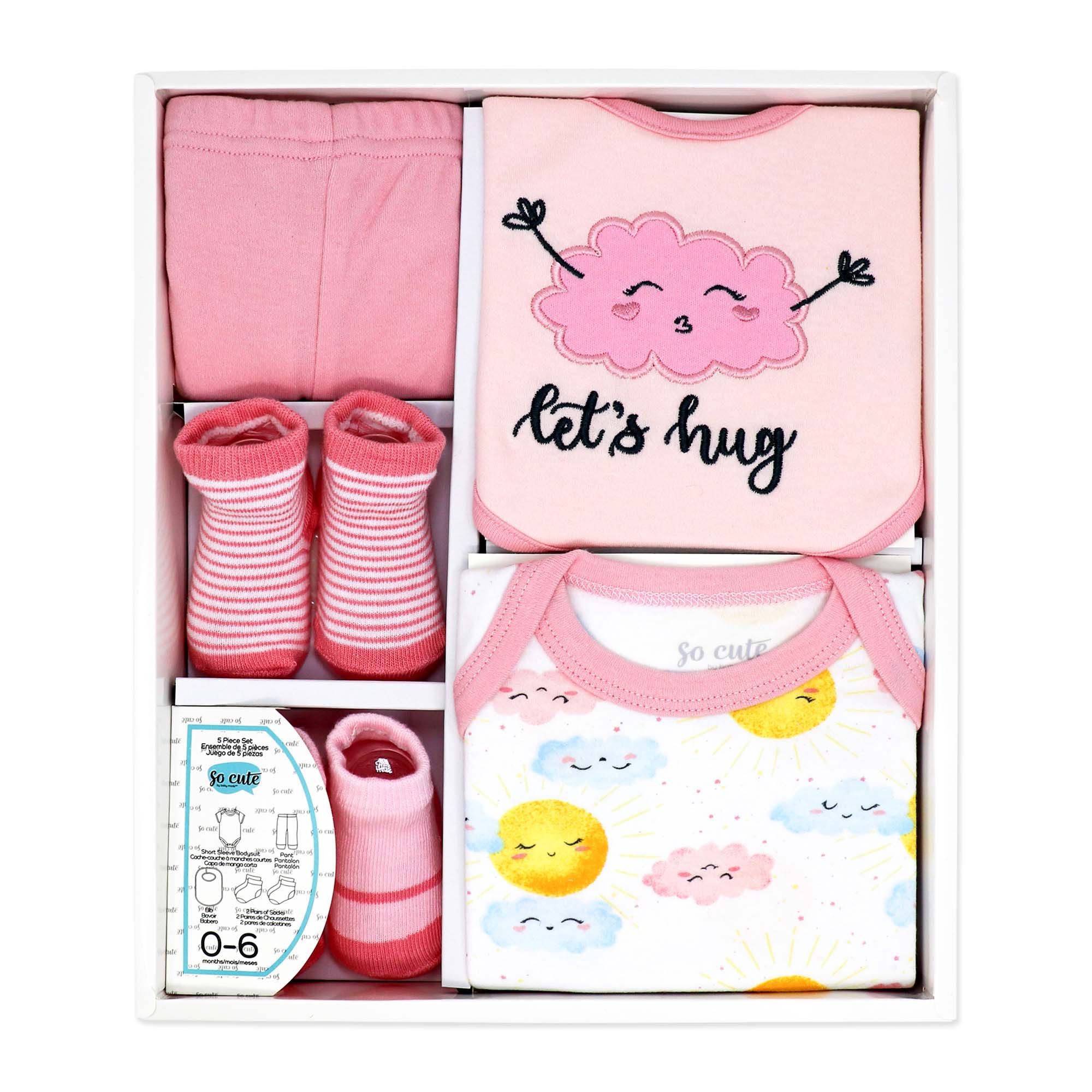 Pink “Let’s Hug” 5 Piece Baby Outfit Gift Set 0–6 Months – 100% Cotton
