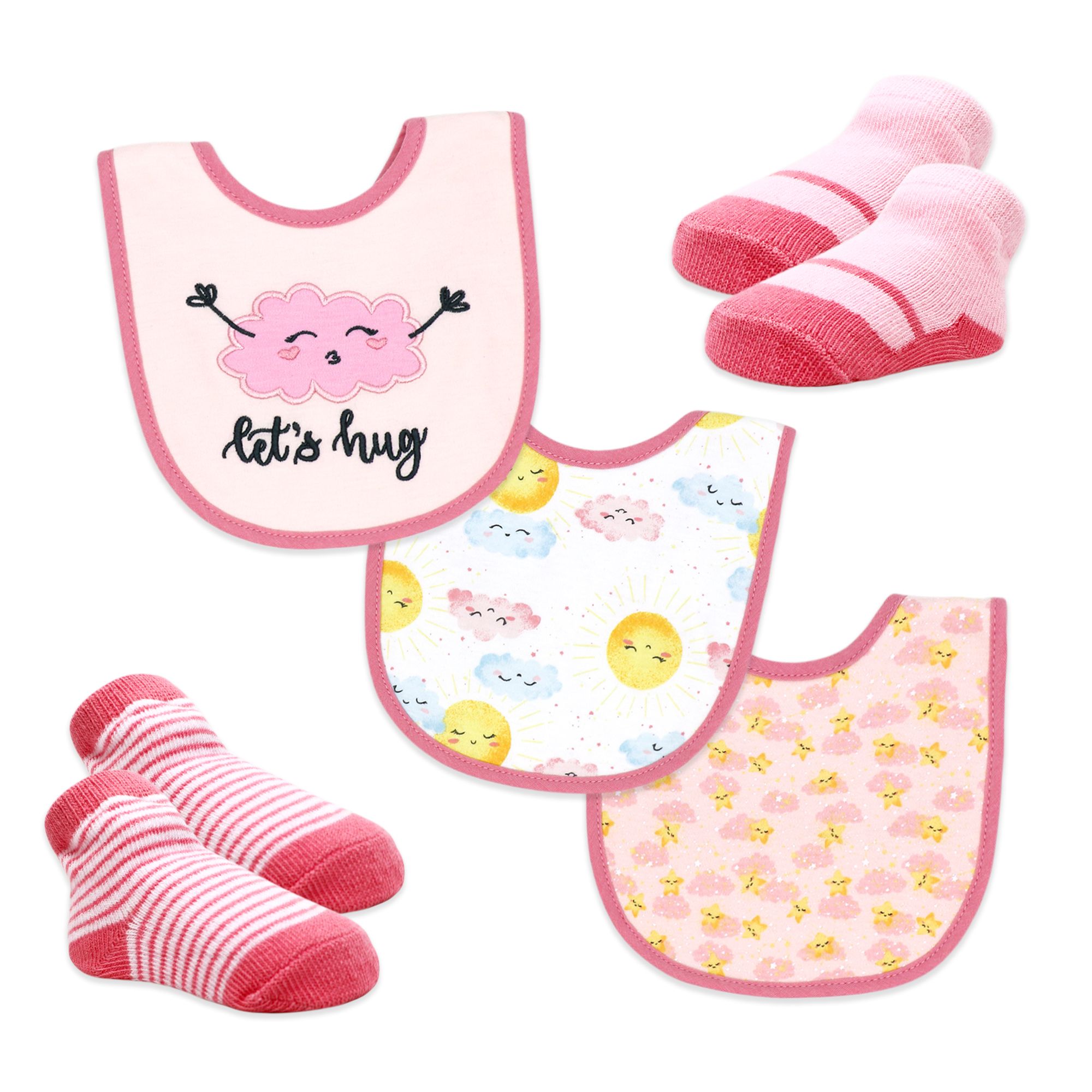 Pink Cloud & Sun Baby Bibs and Socks Set – 3 Bibs + 2 Pairs Socks, Soft Cotton Blend