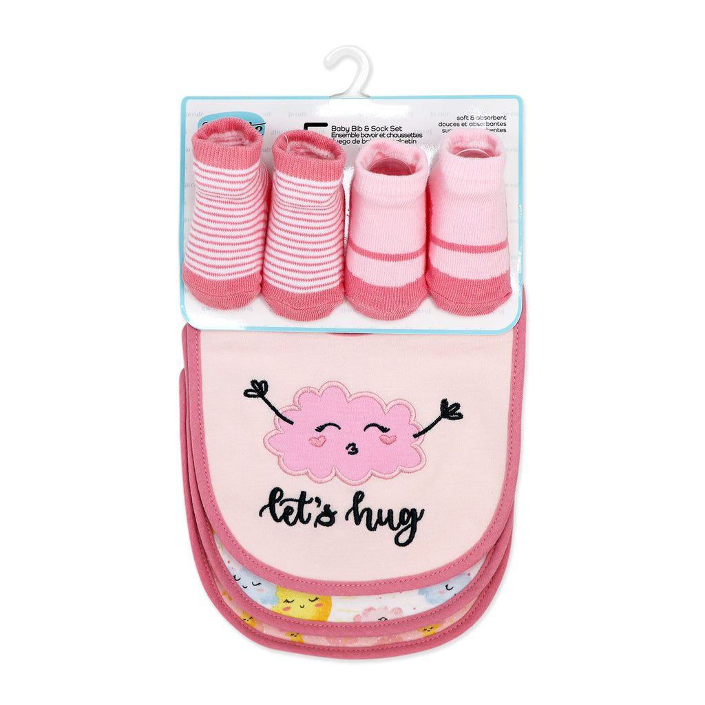 Pink Cloud & Sun Baby Bibs and Socks Set – 3 Bibs + 2 Pairs Socks, Soft Cotton Blend