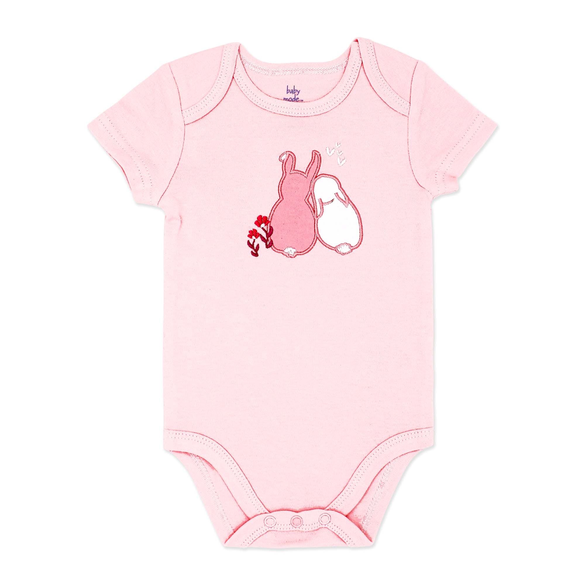 Pink Bunny Friends Baby Bodysuit – 100% Cotton Short Sleeve