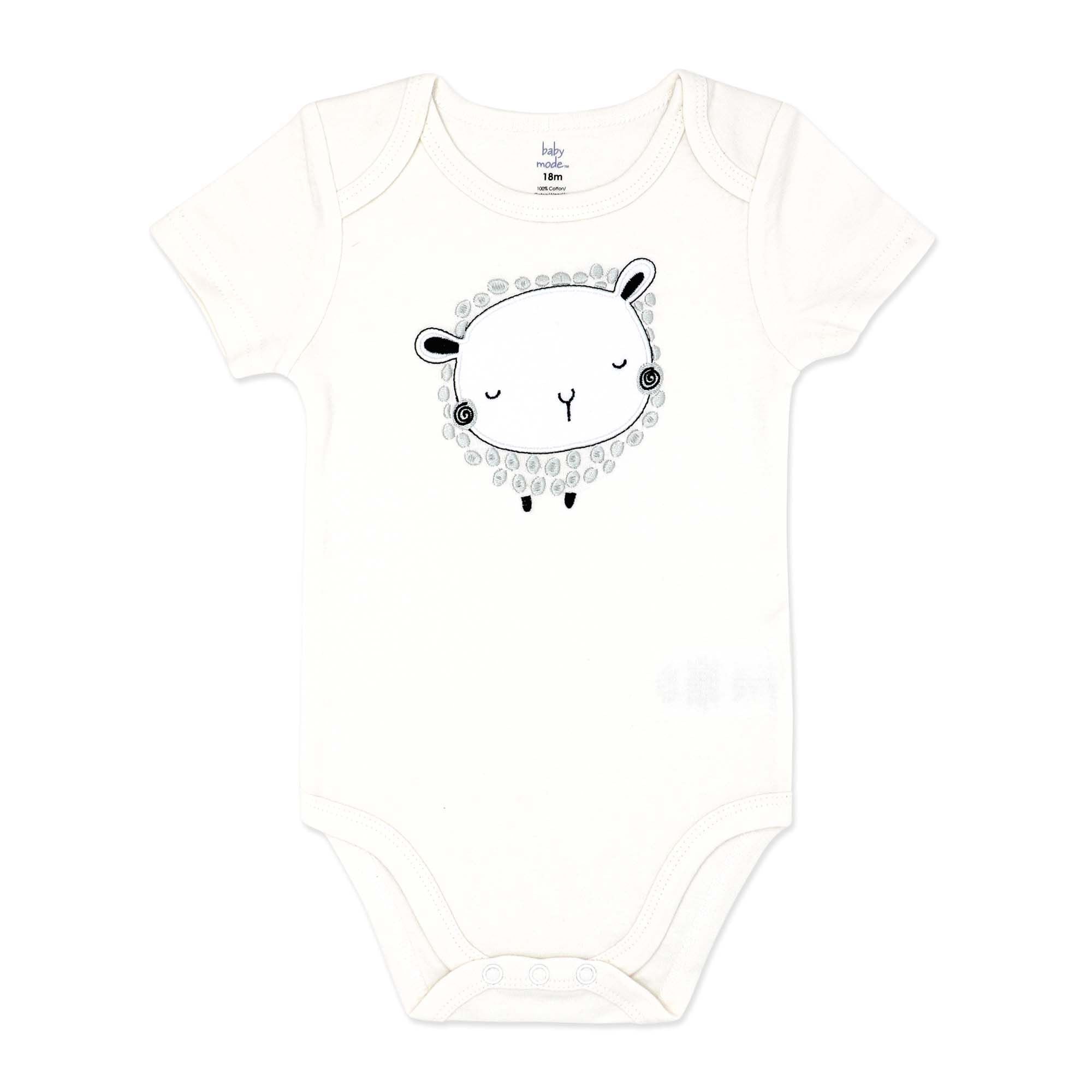 White Lamb Print Baby Bodysuit – 100% Cotton Short Sleeve
