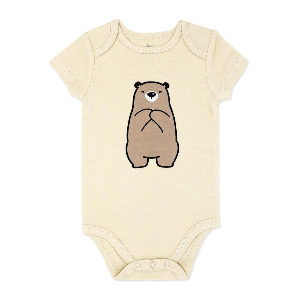 Beige Bear Print Baby Bodysuit – Short Sleeve 100% Cotton