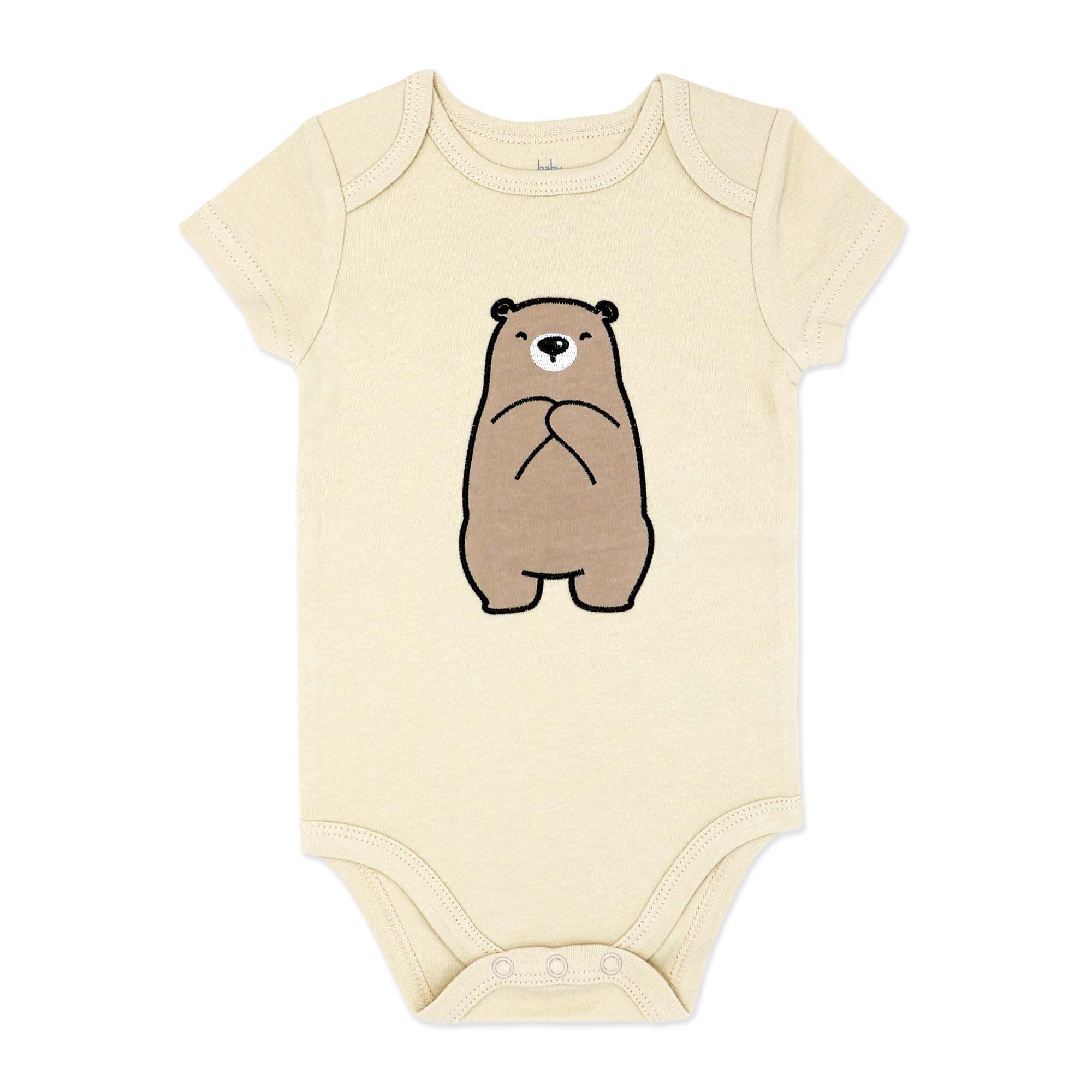 Beige Bear Print Baby Bodysuit – Short Sleeve 100% Cotton