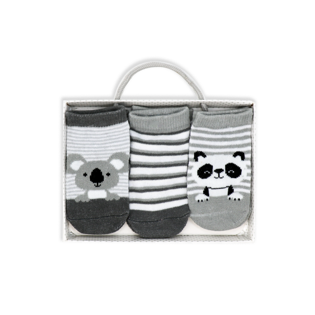 Baby Socks 3-Pack – Grey Koala & Panda (0–6 Months)