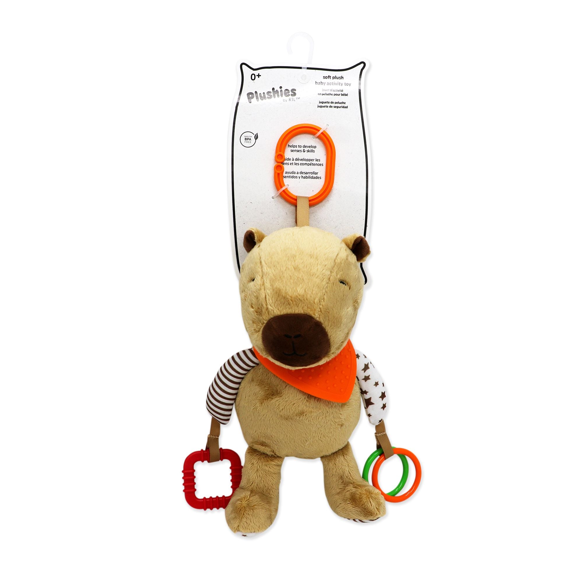Tan Capybara Plush Activity Toy – 100% Polyester Baby Toy with Teether & Rings (0+)