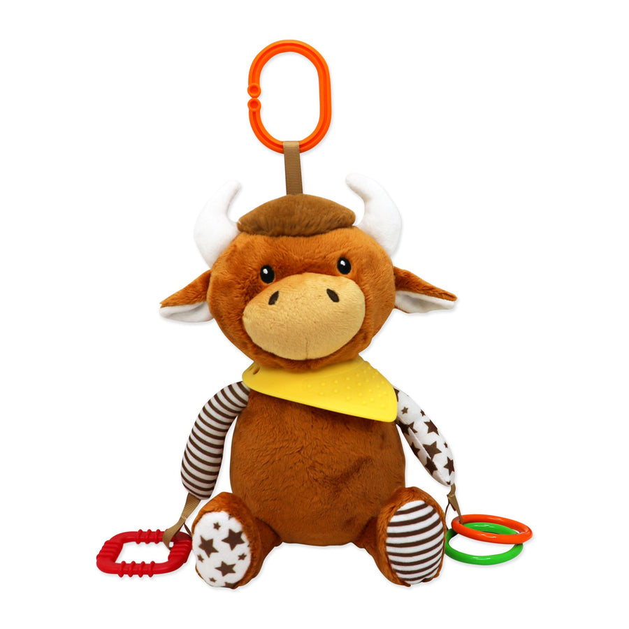 Brown Highland Cow Plush Activity Toy – 100% Polyester Baby Toy with Teether & Rings (0+)