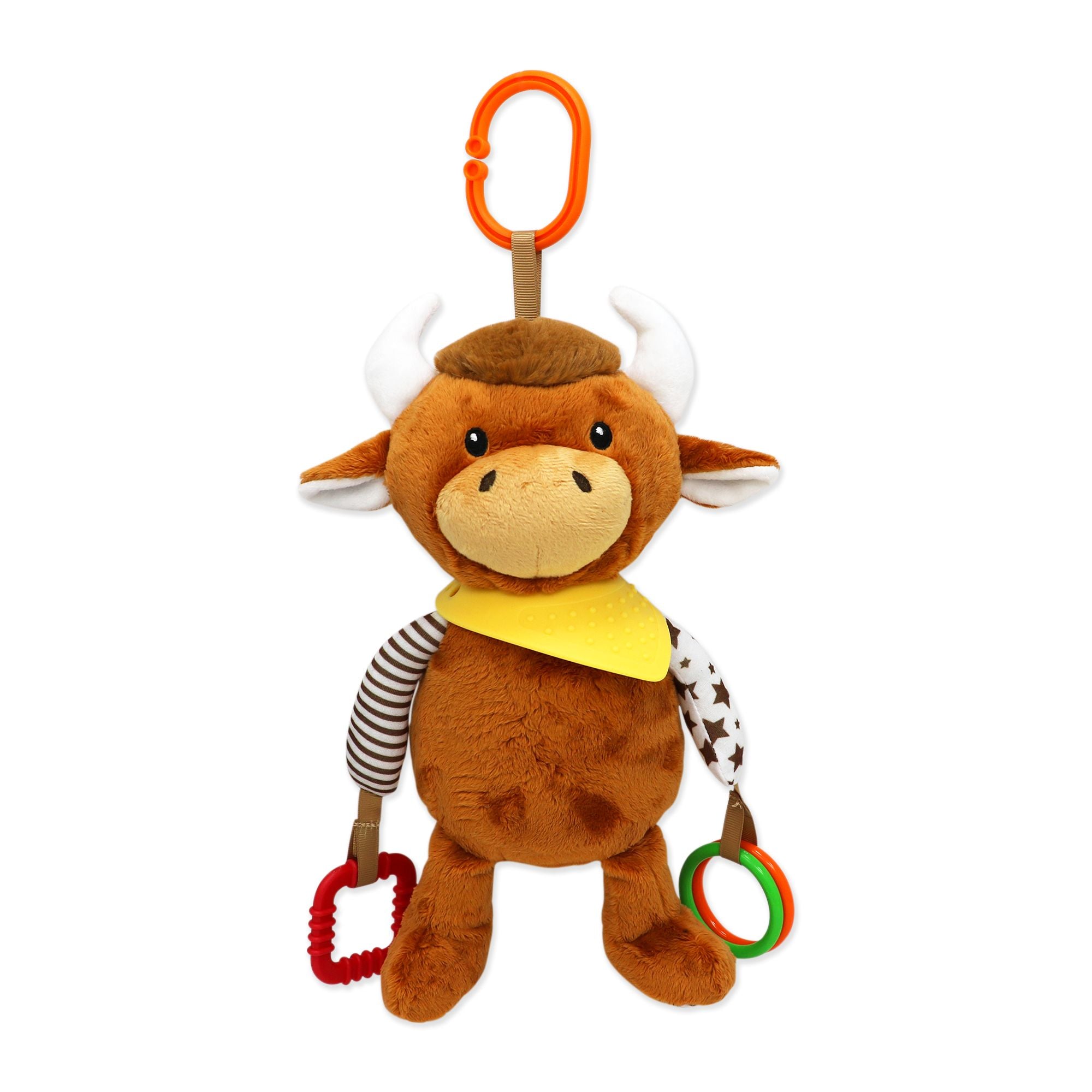 Brown Highland Cow Plush Activity Toy – 100% Polyester Baby Toy with Teether & Rings (0+)