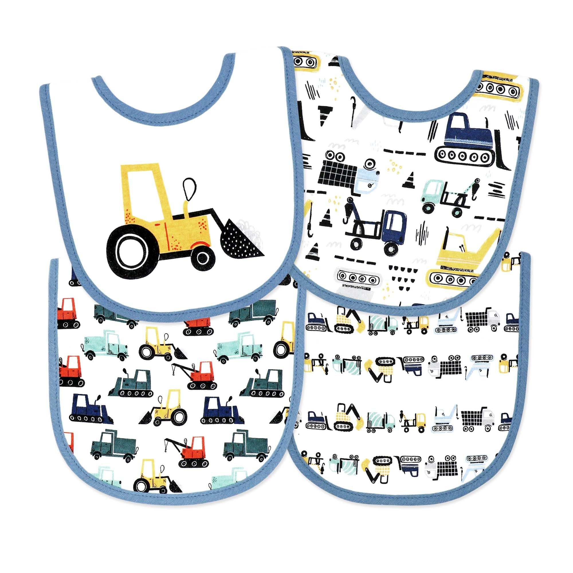 Construction Trucks Baby Bibs 4-Pack – Soft Cotton Blend Feeding Bib Set