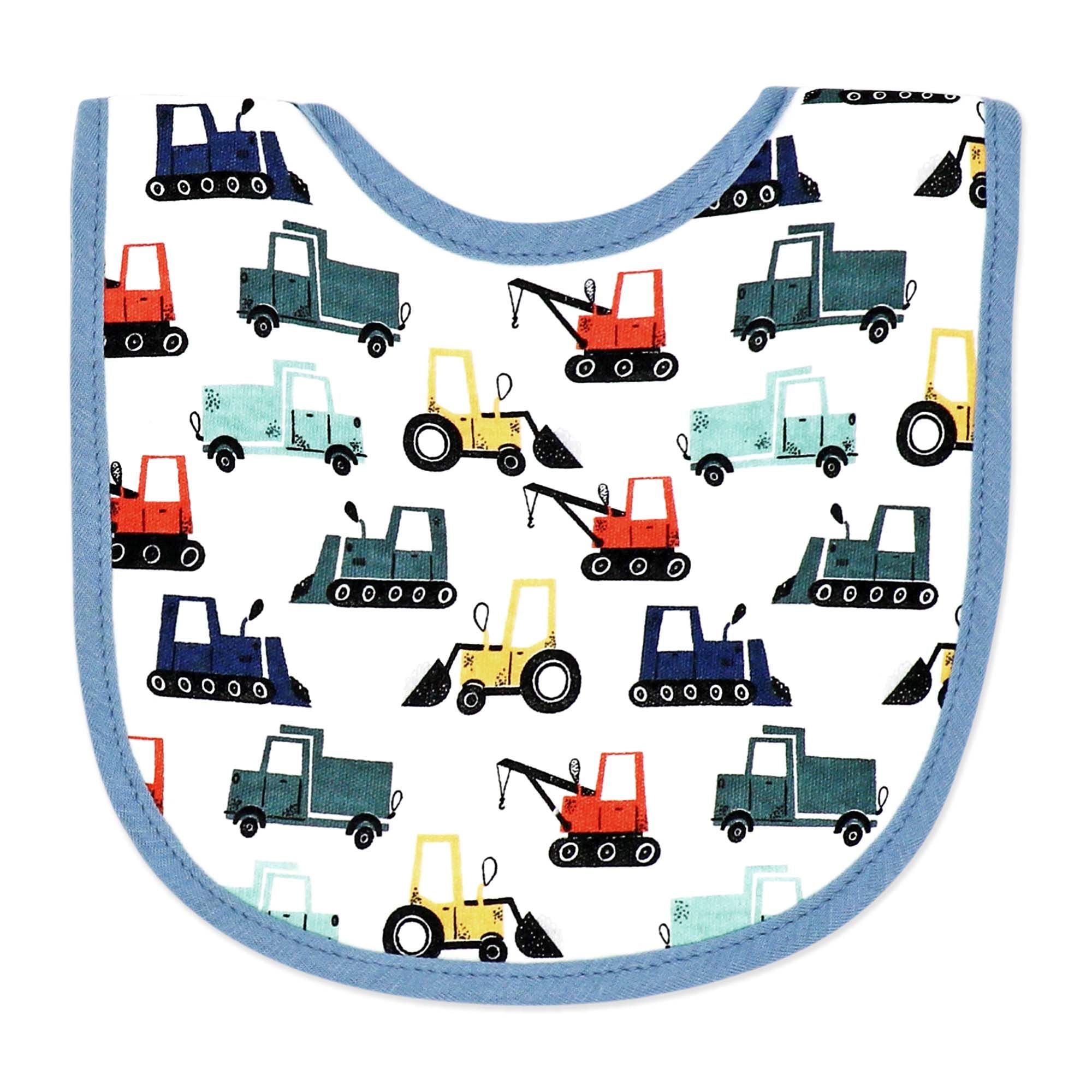 Construction Trucks Baby Bibs 4-Pack – Soft Cotton Blend Feeding Bib Set