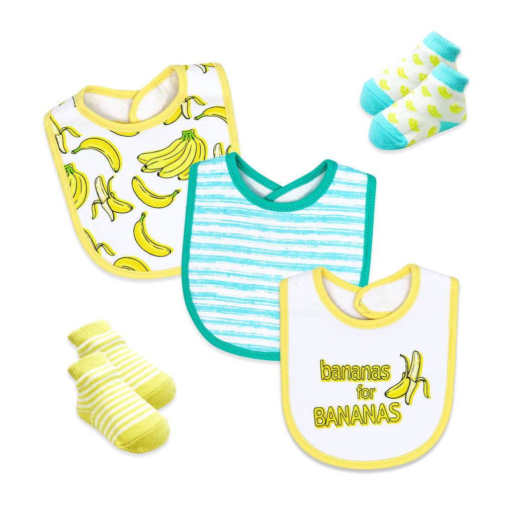 Banana Print Baby Bibs & Socks Set – 3 Bibs + 2 Pairs Socks, Soft Cotton Blend
