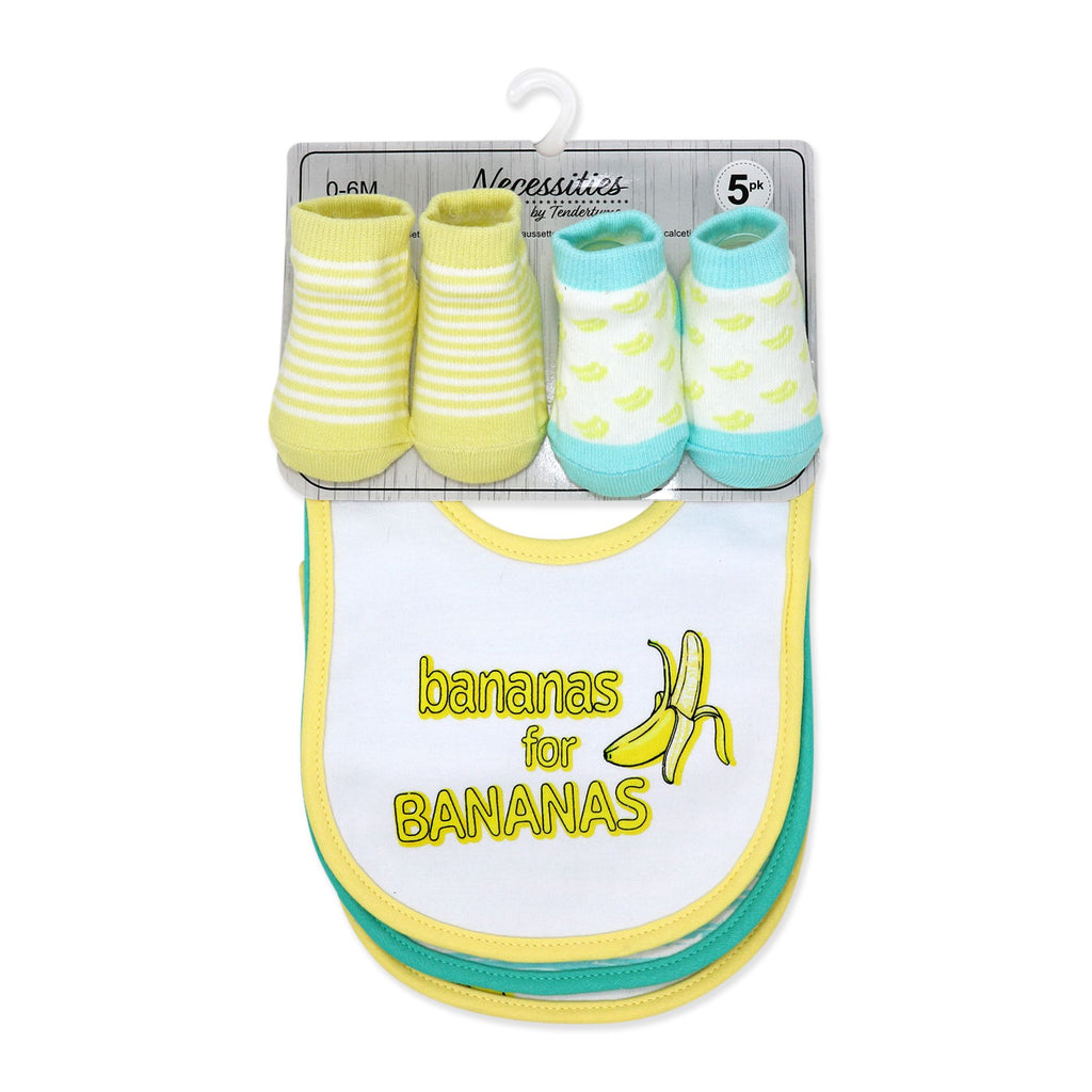Banana Print Baby Bibs & Socks Set – 3 Bibs + 2 Pairs Socks, Soft Cotton Blend