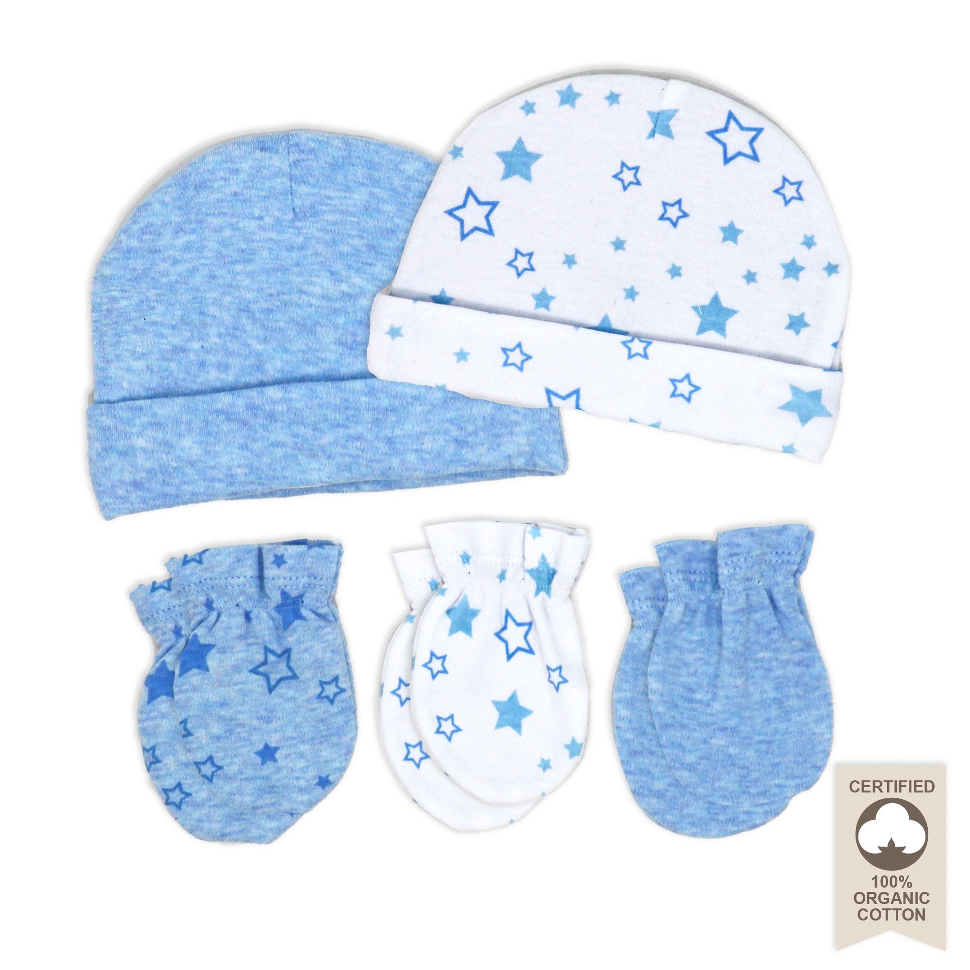 100% Organic Cotton Baby Hats & Mittens Set 0–6M – 2 Caps + 3 Scratch Mitts