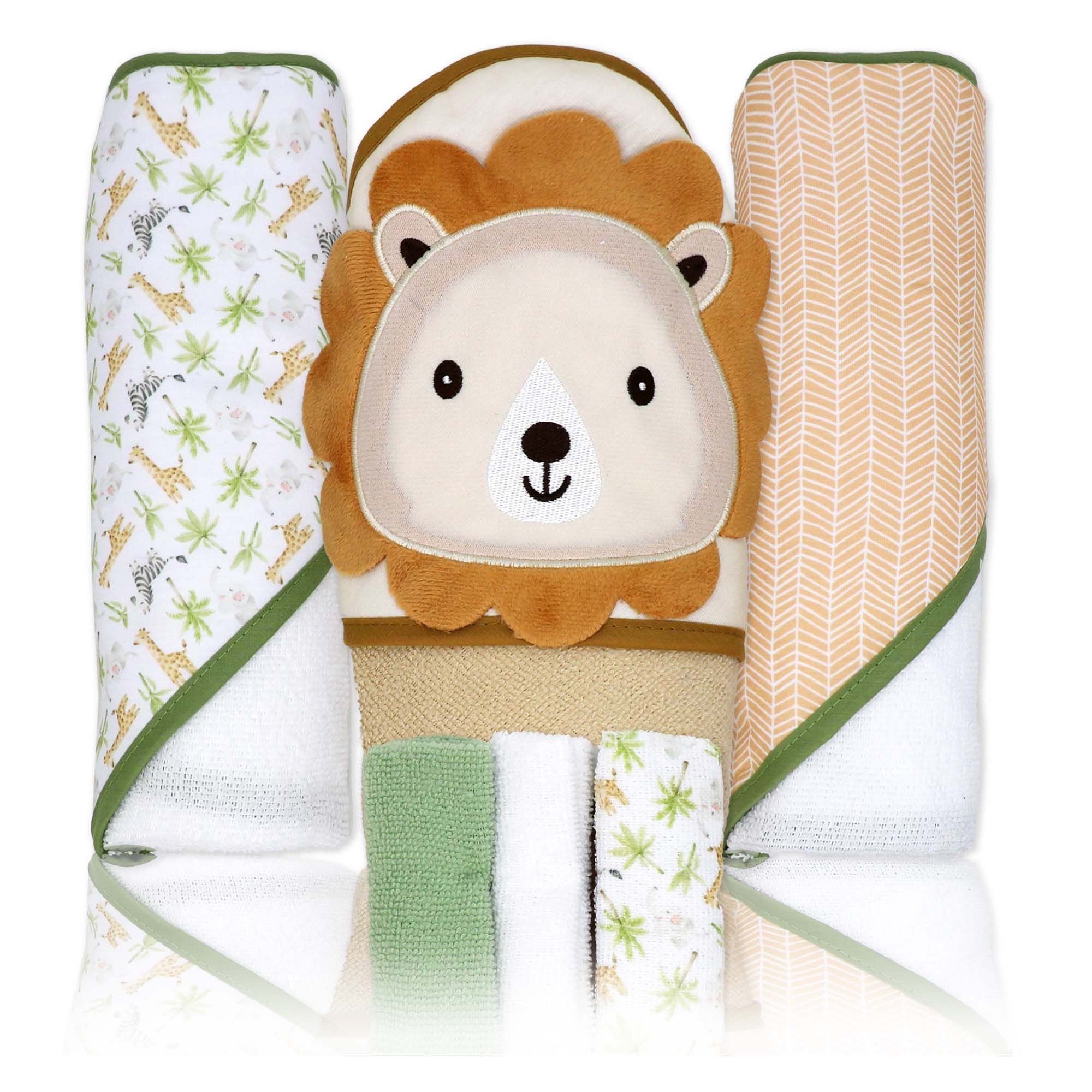 6-Piece Green Lion Baby Bath Set – 3 Hooded Towels, 3 Washcloths & BPA-Free Bath Toys, 100% Polyester