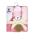 6-Piece Pink Bear Baby Bath Set – 3 Hooded Towels & 3 Washcloths, 100% Polyester
