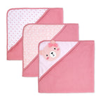 6-Piece Pink Bear Baby Bath Set – 3 Hooded Towels & 3 Washcloths, 100% Polyester