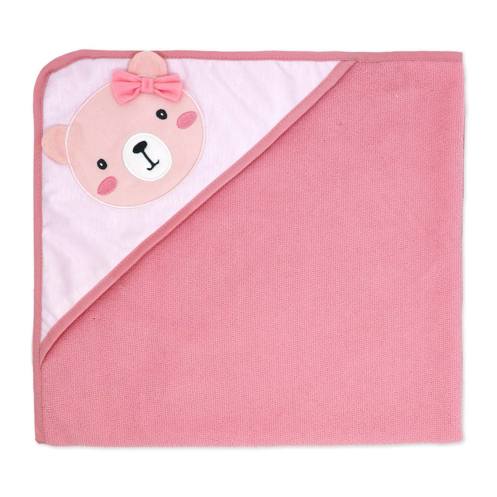6-Piece Pink Bear Baby Bath Set – 3 Hooded Towels & 3 Washcloths, 100% Polyester