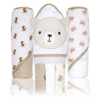 6-Piece Tan Teddy Baby Bath Set – 3 Hooded Towels & 3 Washcloths, 100% Polyester