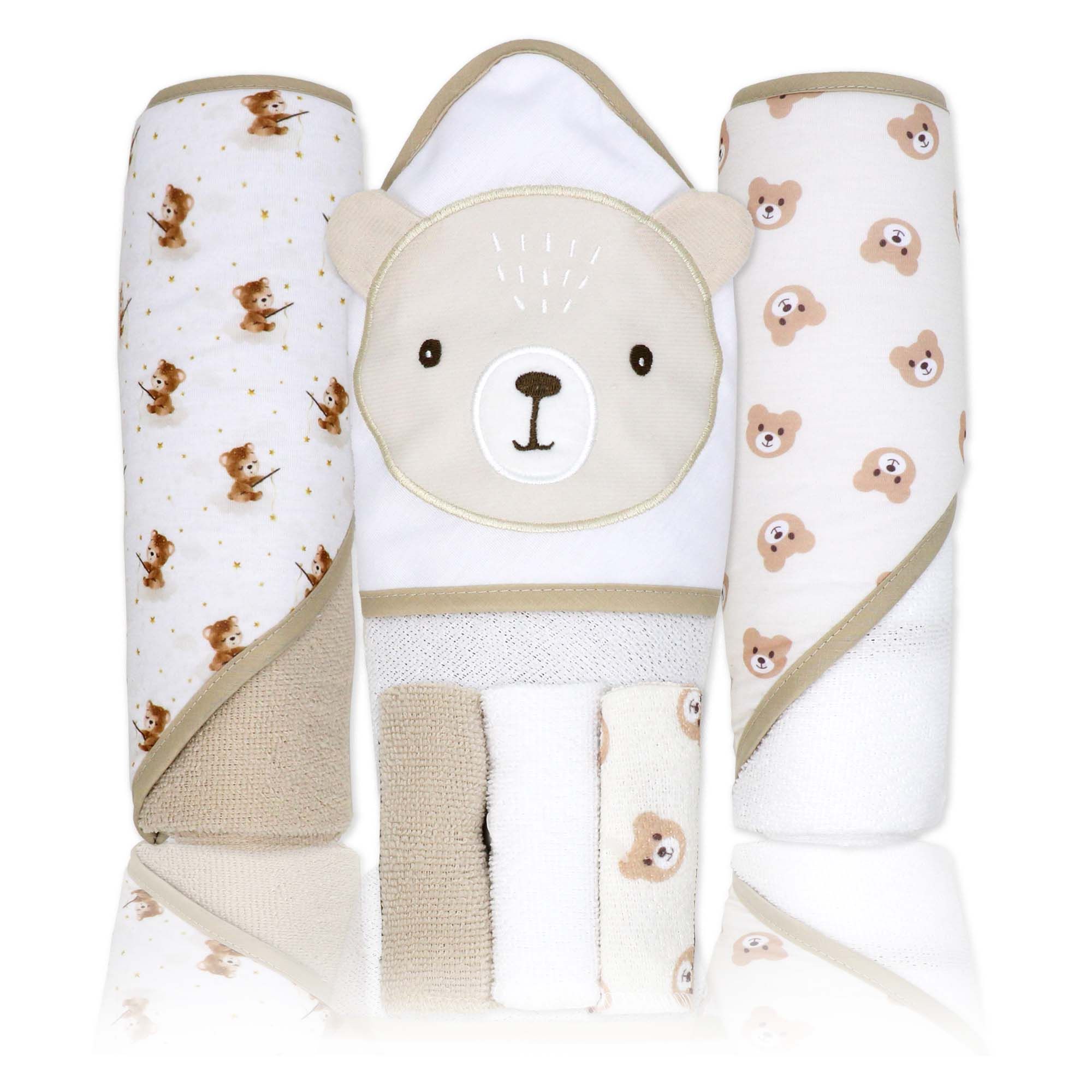 6-Piece Tan Teddy Baby Bath Set – 3 Hooded Towels & 3 Washcloths, 100% Polyester