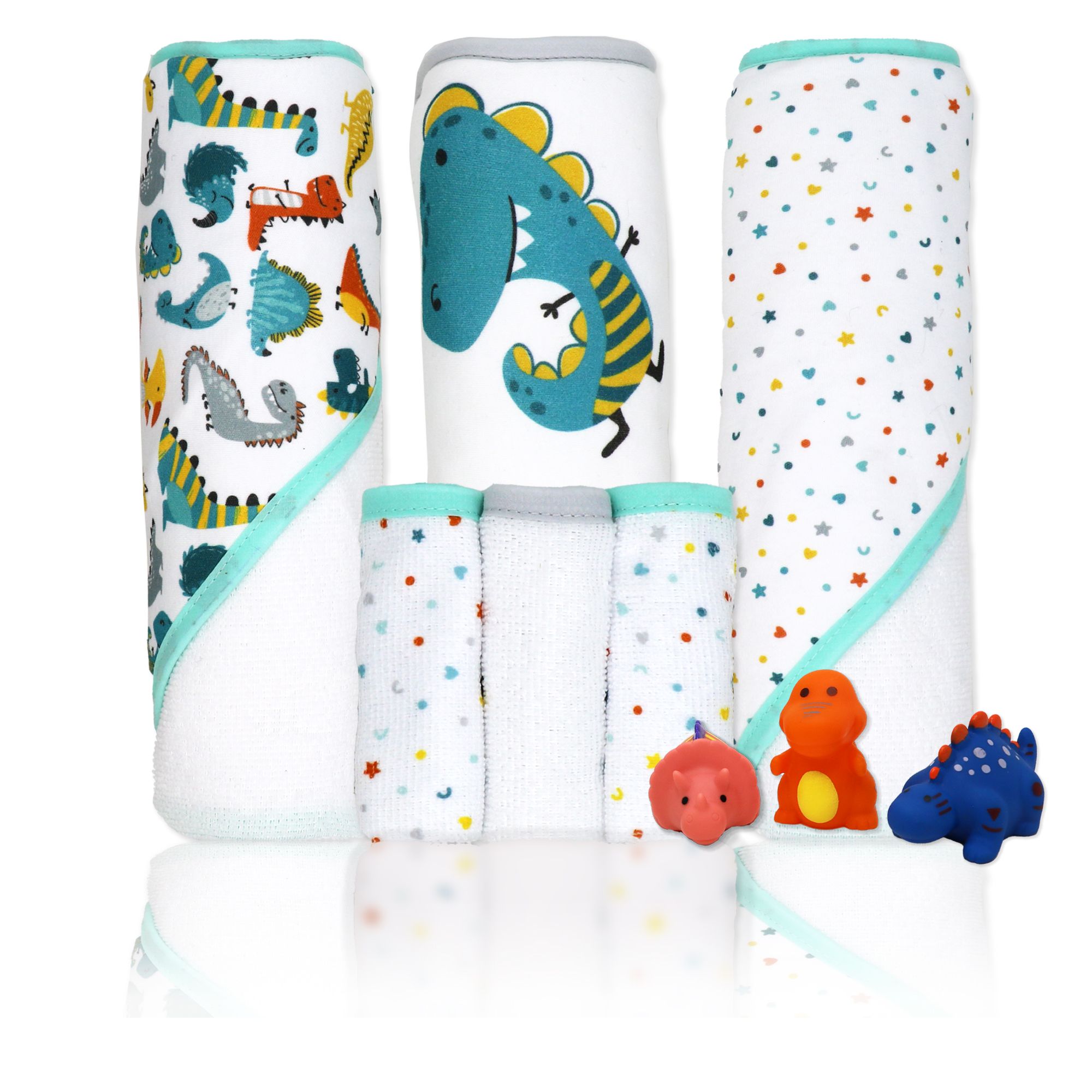 Dinosaur Baby Bath Set – 100% Polyester Hooded Towel, Washcloths & BPA-Free Bath Toys