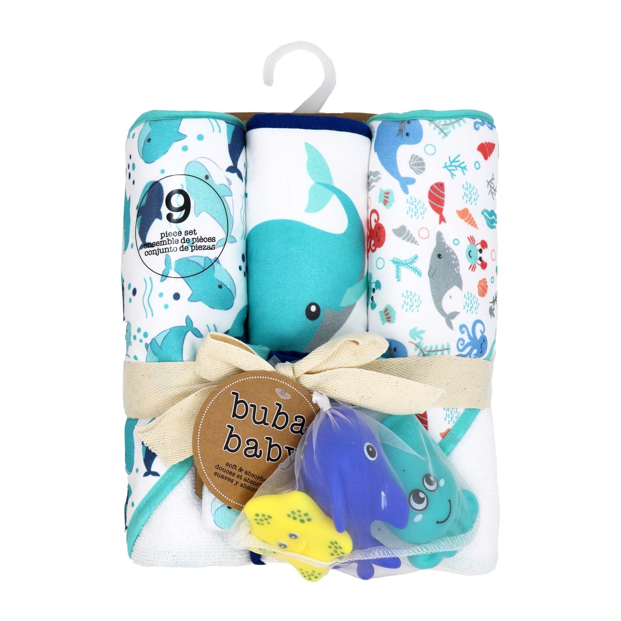 Whale Baby Bath Set – 100% Polyester Hooded Towel, Washcloths & BPA-Free Bath Toys