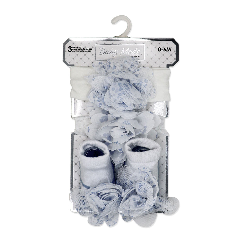 Blue Flower Baby Headband & Sock Set – 3pc (0–6 Months)