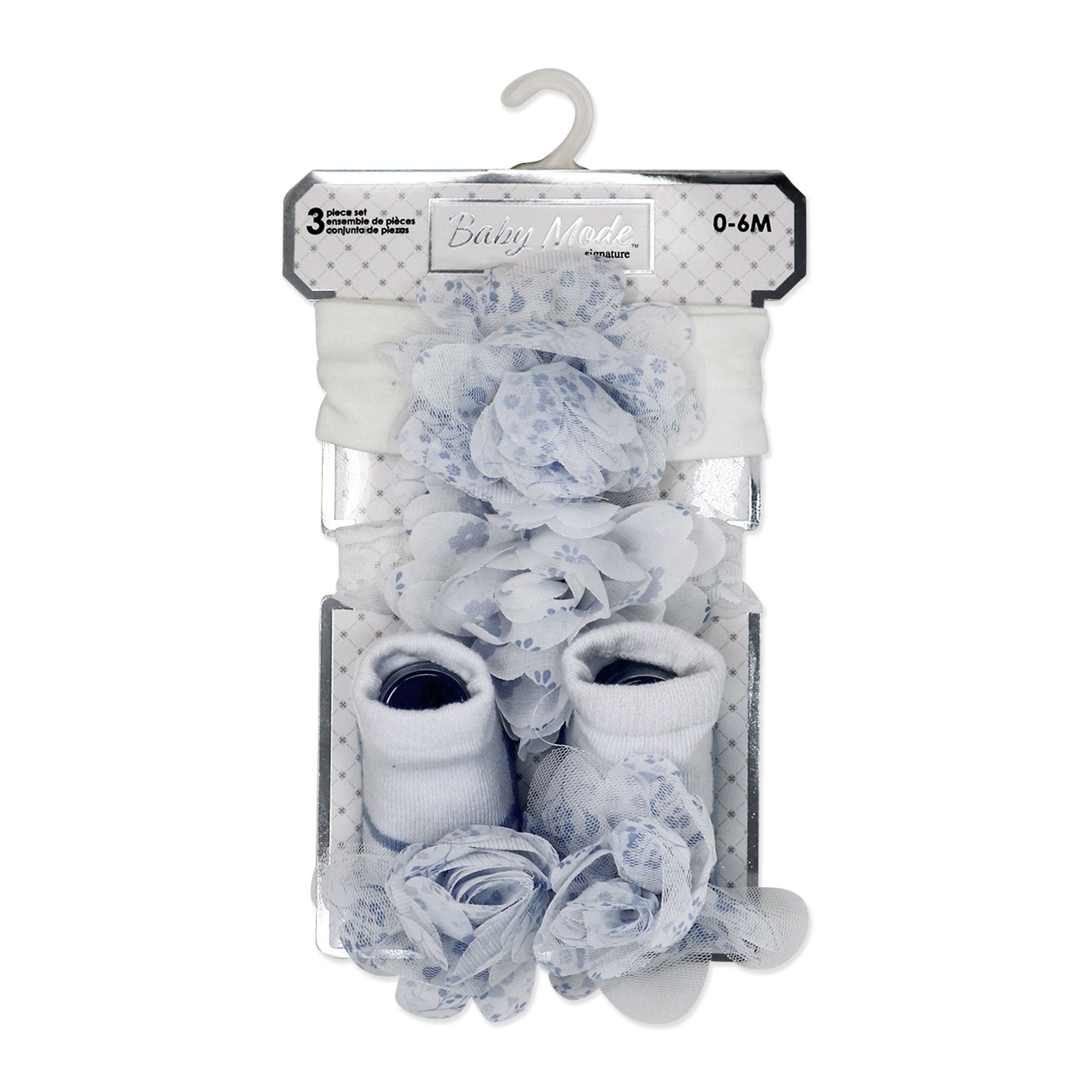 Blue Flower Baby Headband & Sock Set – 3pc (0–6 Months)
