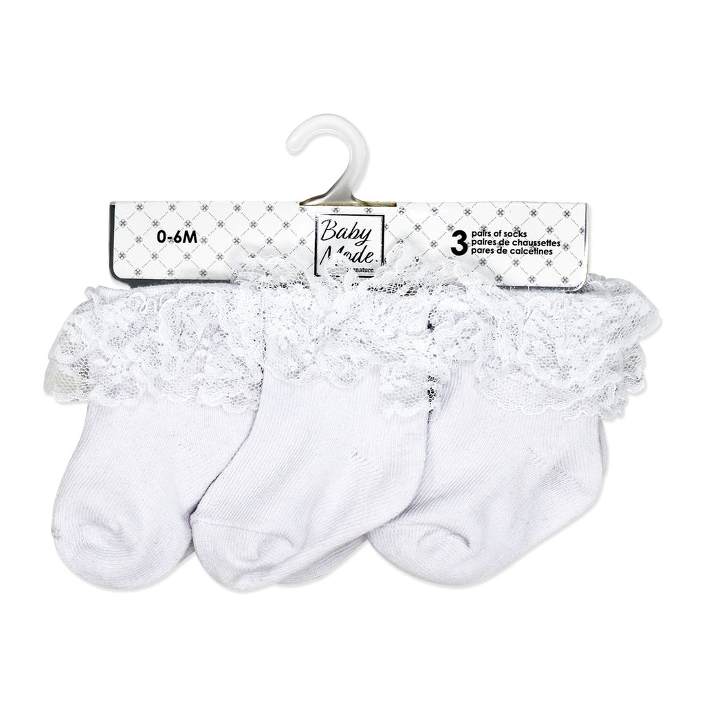 Baby Lace Trim Cuff Socks 3 Pairs – White (0–6M)