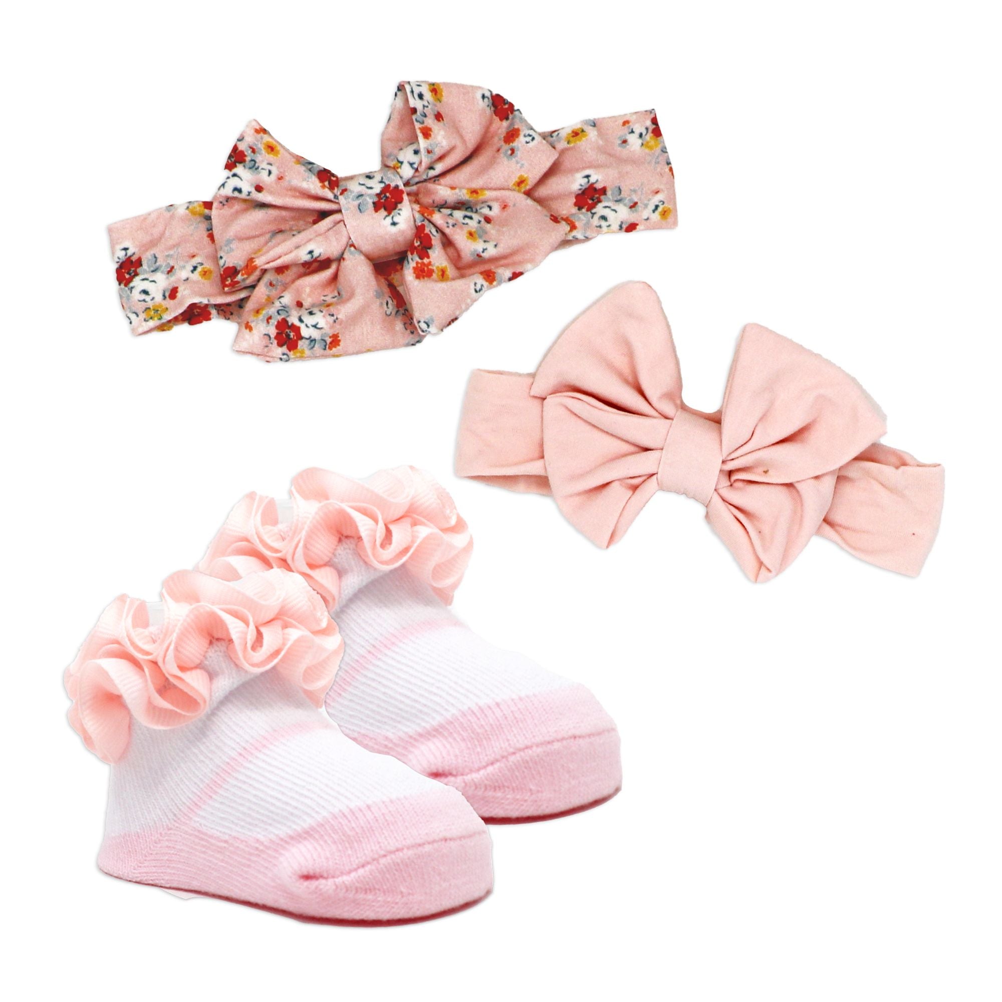 Baby Girl Socks & Headbands Set 0–6M – 2 Cotton Bows + Ruffle Socks