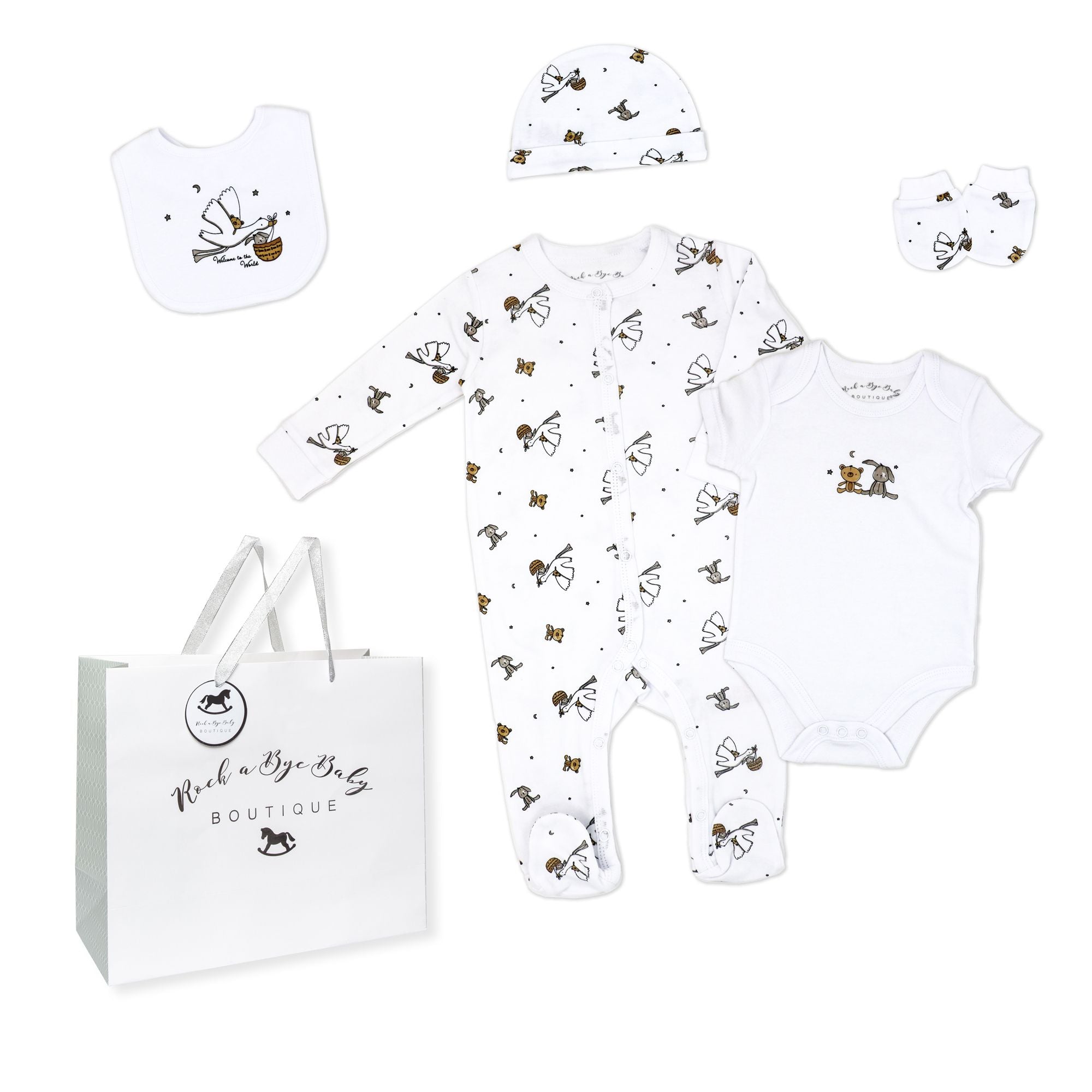 Stork Print 5 Piece Baby Layette Gift Set – 100% Cotton
