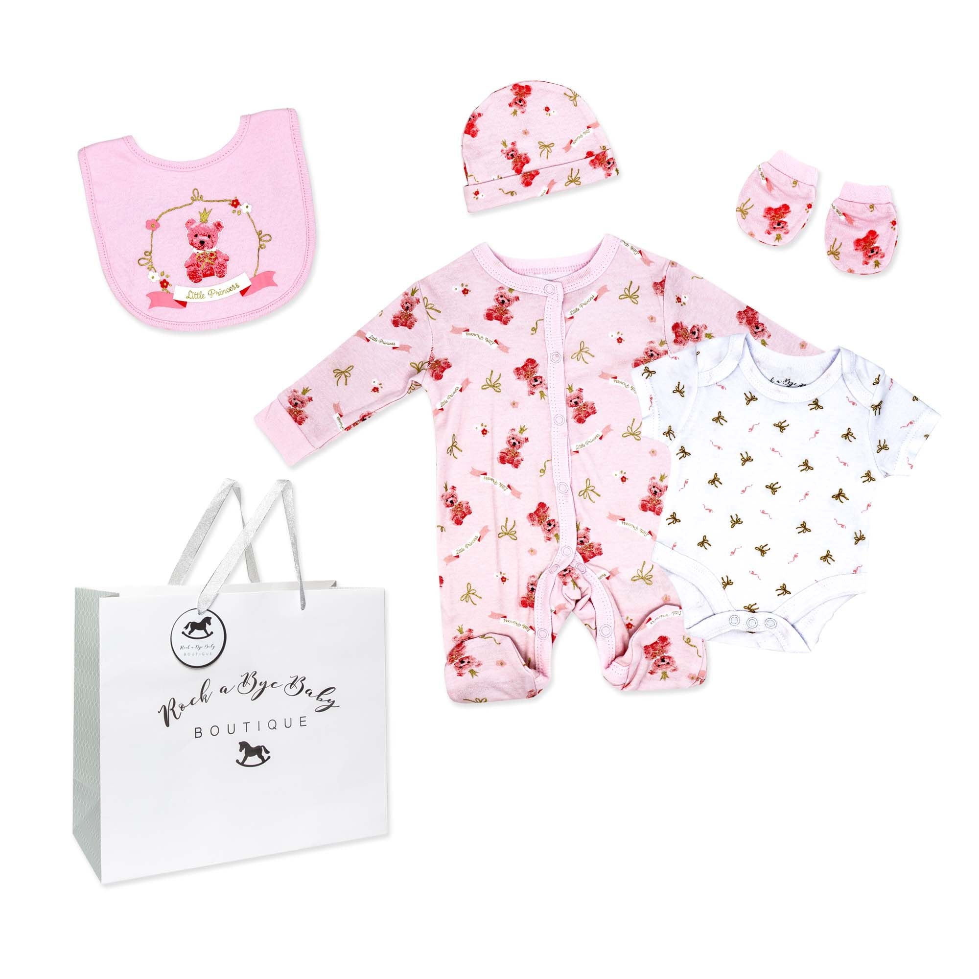 Pink Floral Princess 5 Piece Baby Girl Layette Gift Set – 100% Cotton
