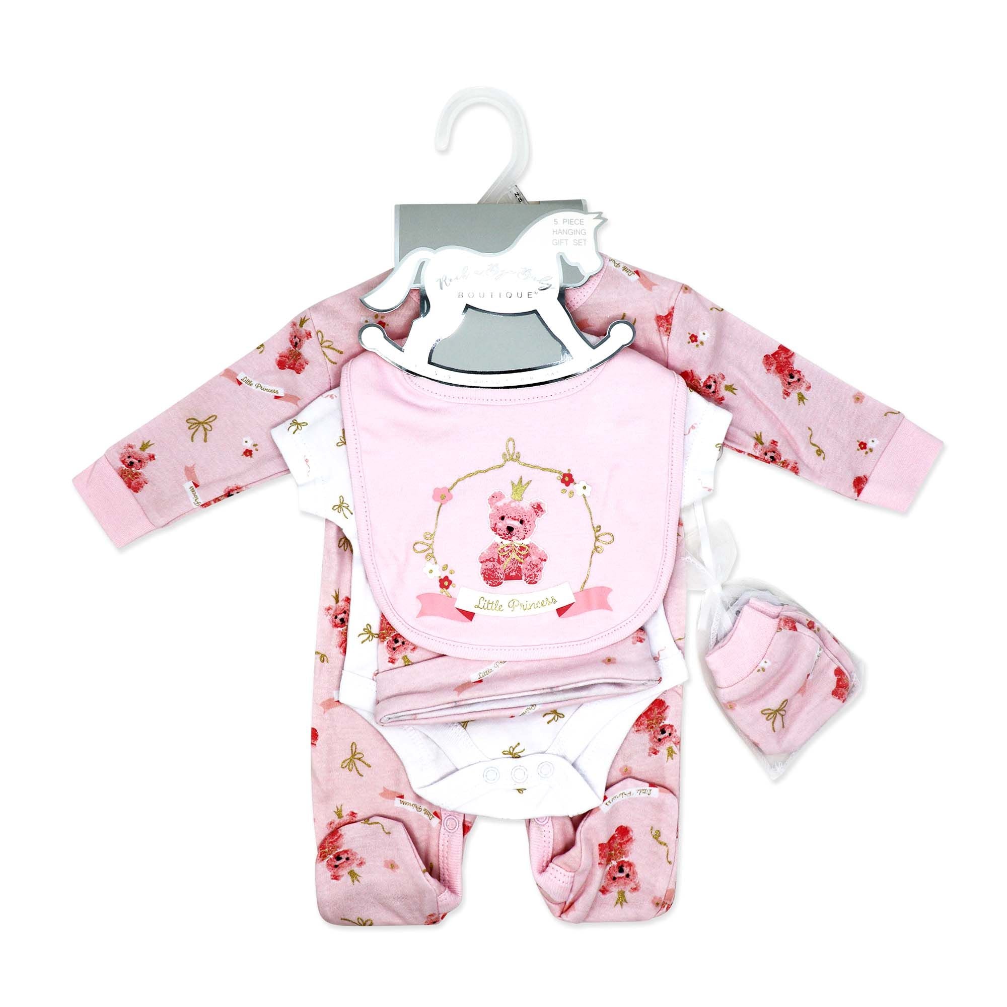 Pink Floral Princess 5 Piece Baby Girl Layette Gift Set – 100% Cotton