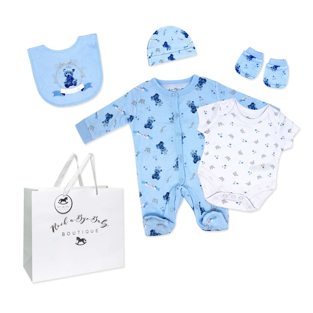 Blue Teddy Bear 5 Piece Baby Layette Gift Set – 100% Cotton
