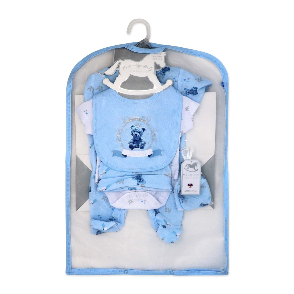 Blue Teddy Bear 5 Piece Baby Layette Gift Set – 100% Cotton