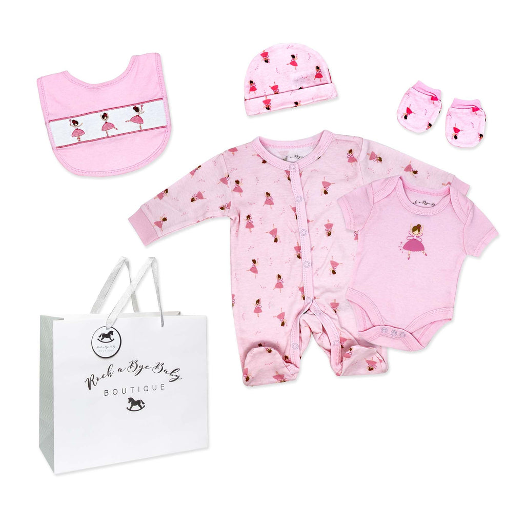 Pink Ballerina 5 Piece Baby Girl Layette Gift Set – 100% Cotton