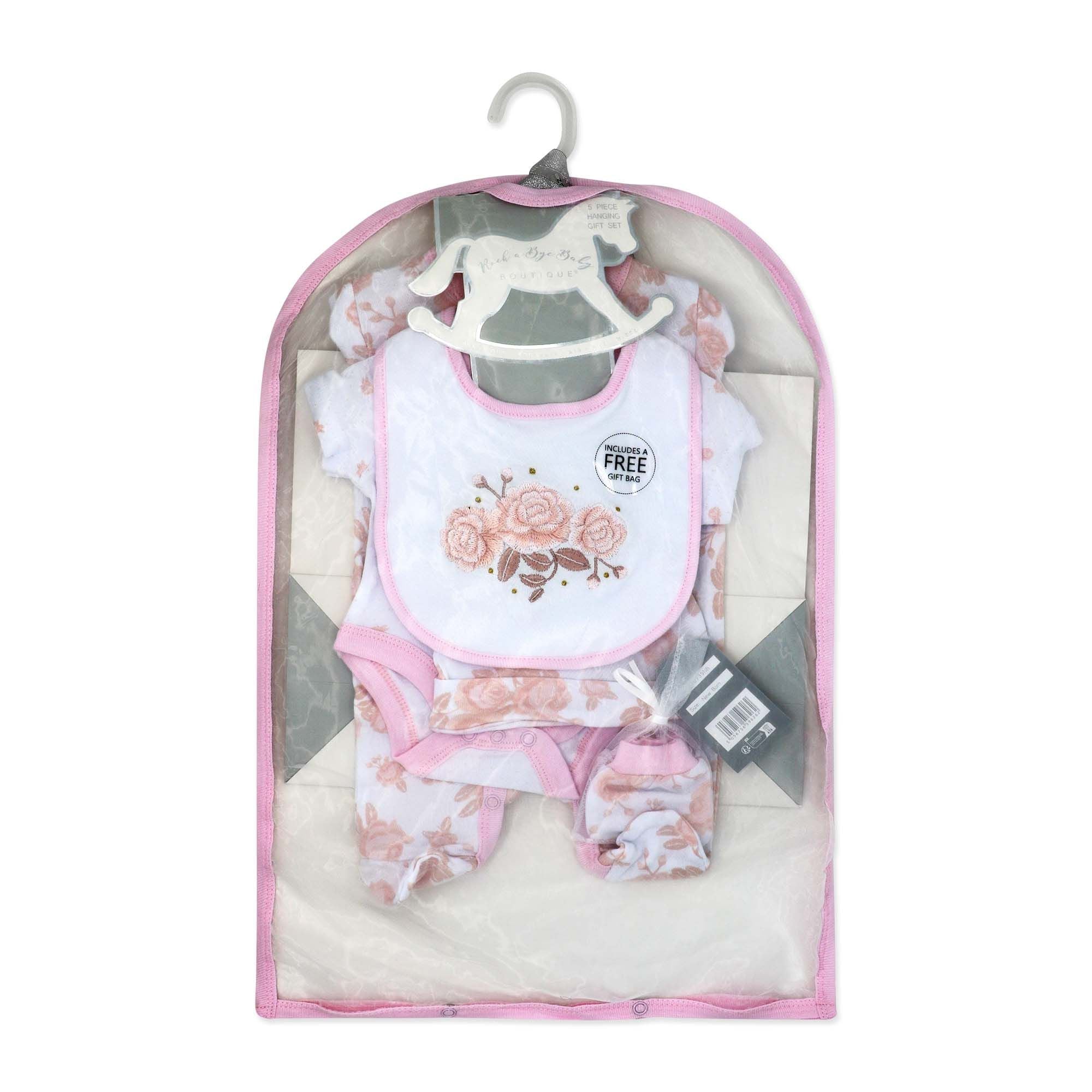 Pink Rose 5 Piece Baby Girl Layette Gift Set – 100% Cotton