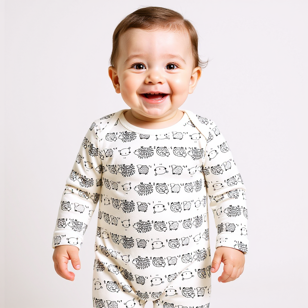 White Print Baby Bodysuit-100%cotton Long Sleeve
