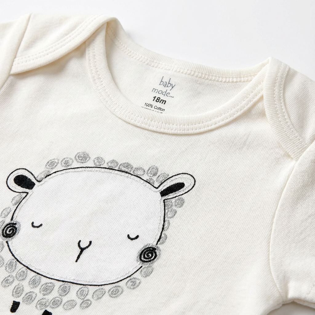 White Lamb Print Baby Bodysuit – 100% Cotton Short Sleeve