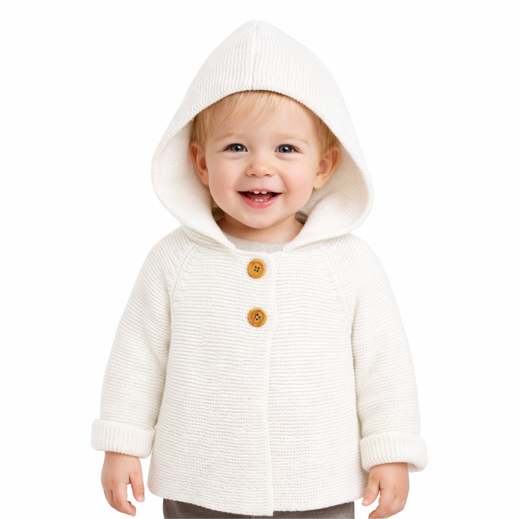 White Hooded Knit Baby Cardigan Sweater-100% Cotton