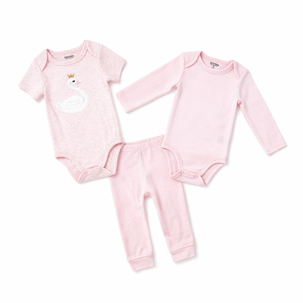 3 Piece Pink Swan Baby Outfit Set – 100% Cotton Bodysuits & Pants