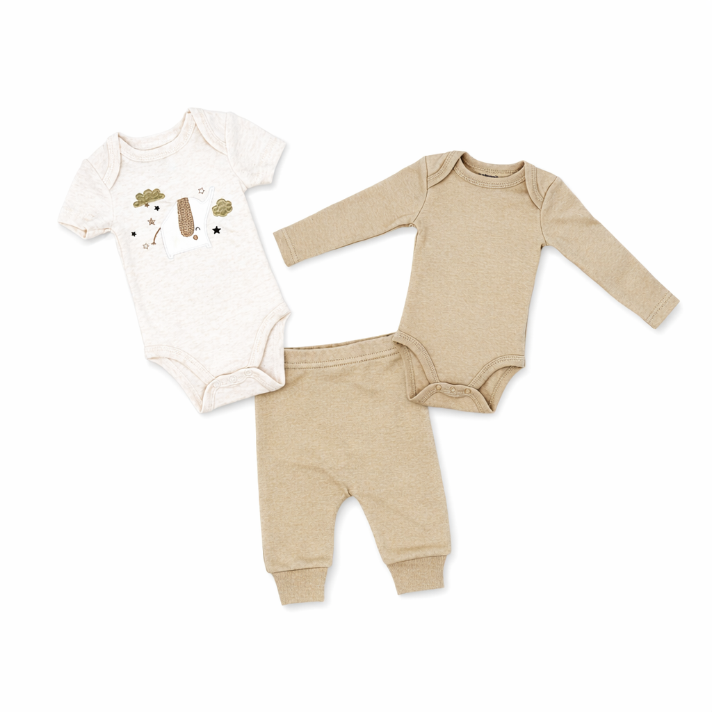 3 Piece Neutral Forest Baby Outfit – 2 Bodysuits & Pants, 100% Cotton
