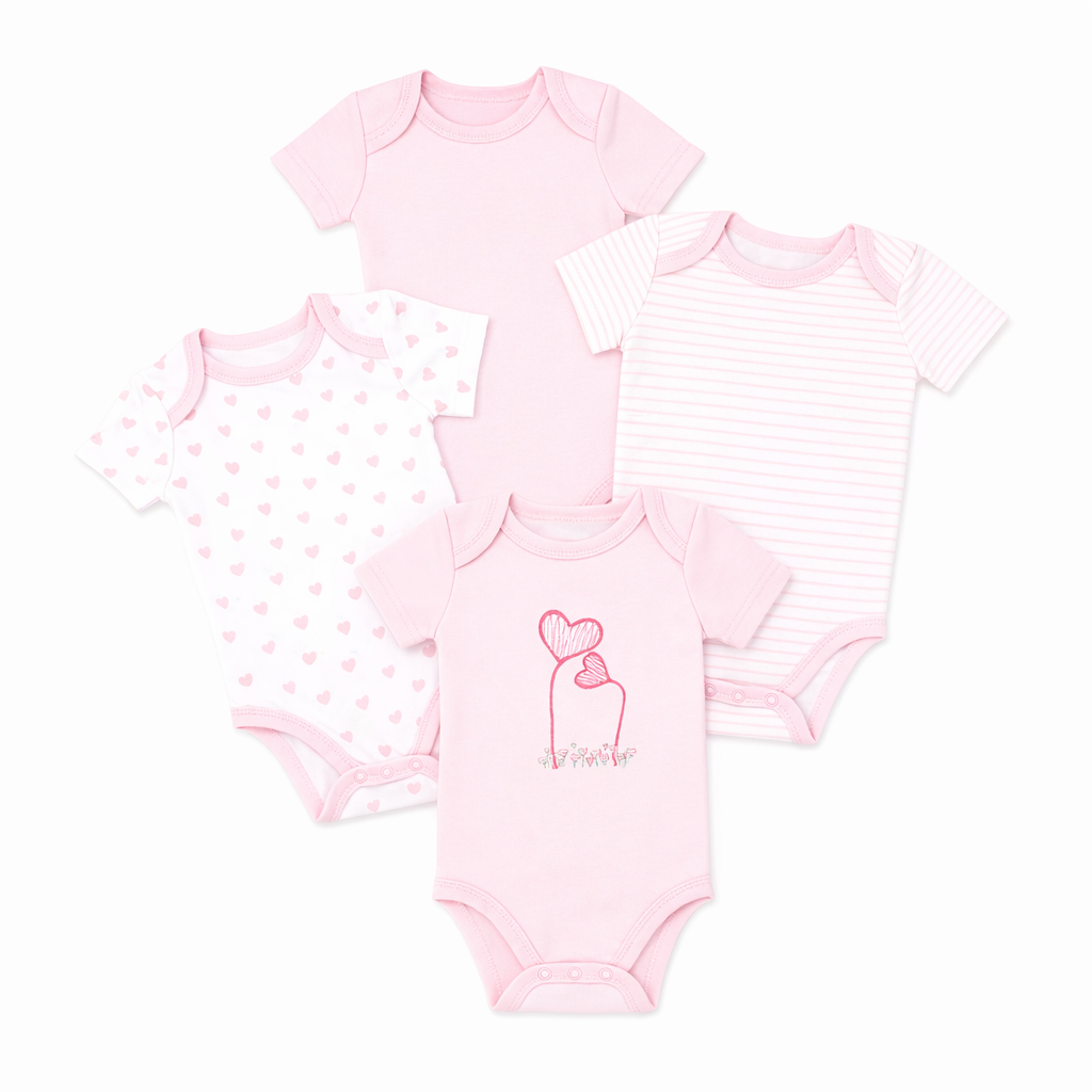 4 Pack Pink Heart Baby Bodysuits – 100% Cotton