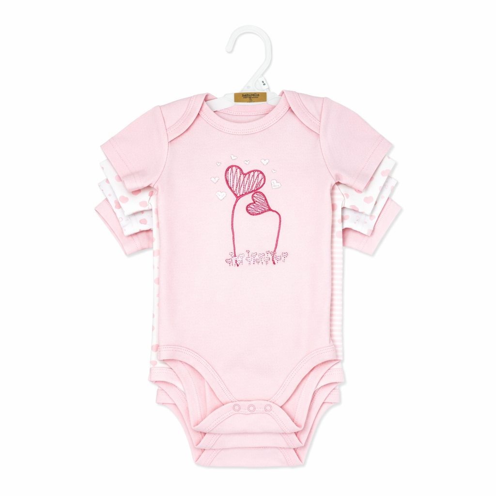 4 Pack Pink Heart Baby Bodysuits – 100% Cotton