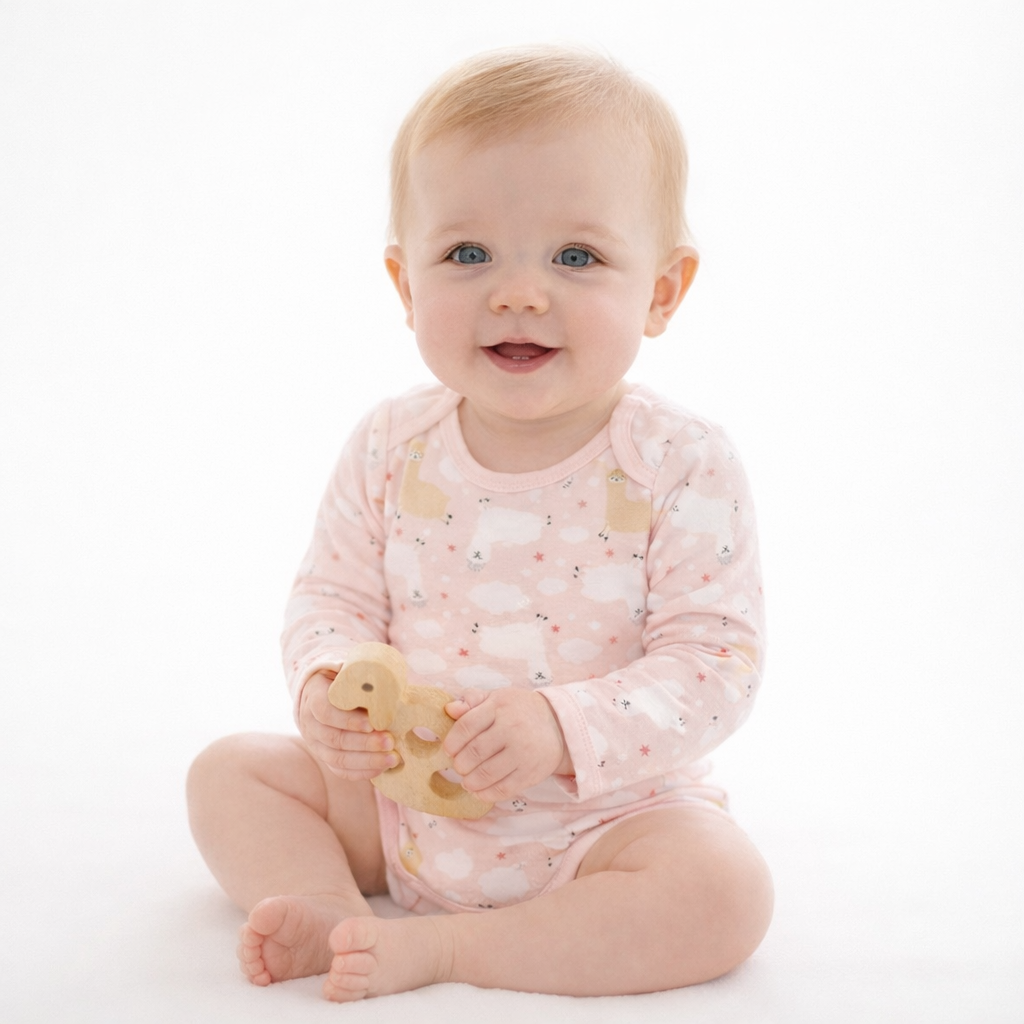 Pink Llama Print Long Sleeve Baby Bodysuit-100% Cotton