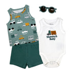 Car Print 4 Piece Baby Summer Outfit Set with Sunglasses